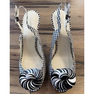 Stuart Weitzman Gingham Platform Slingback Heels Rosette Sz 9.5 M Black Spain